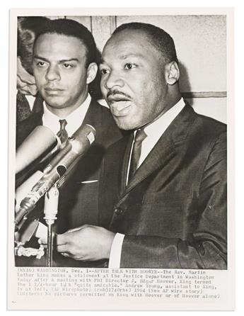 (MARTIN LUTHER KING.) Two photographs of King speaking at civil rights events.